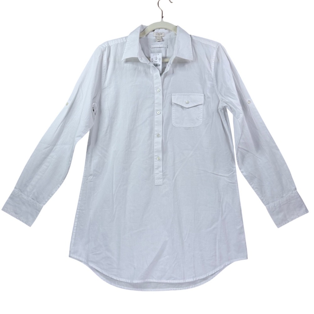 Womens Small J.Crew Cotton Tunic Shirt White Long Sleeve Poplin Preppy Coastal S